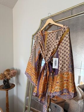 NWT 12th Tribe Tie-Front Kimono Dress in Beige & Gold